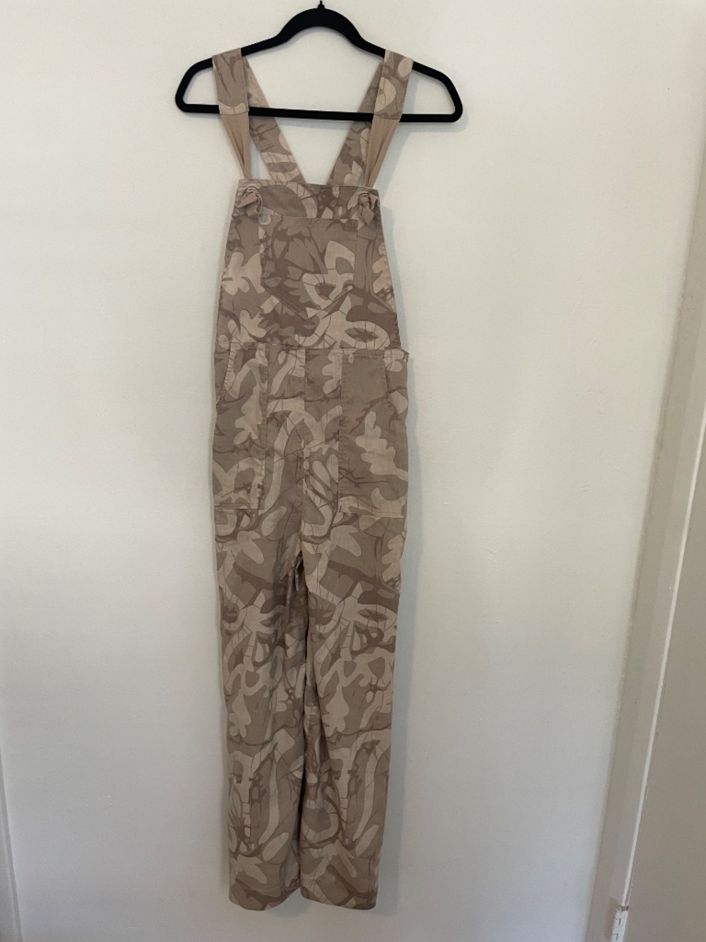 Anthropologie Beige Abstract Print Wide Leg Linen Blend Overalls Boho, Sz Medium - Picture 5 of 12